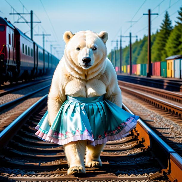 Photo of a polar bear in a skirt on the railway tracks