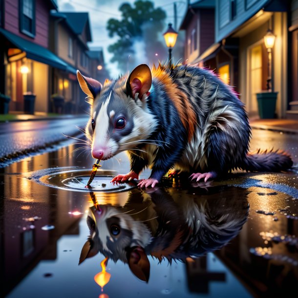 Picture of a smoking of a possum in the puddle