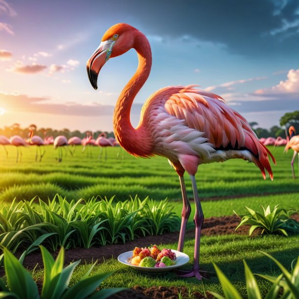 Foto de um comer de um flamingo no campo