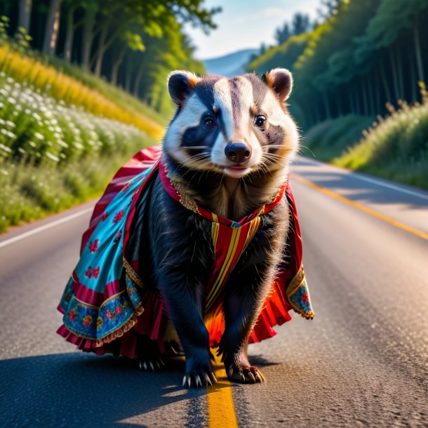 Photo d'un blaireau dans une robe sur la route