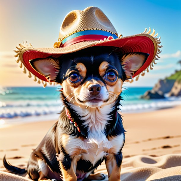 Imagem de um chihuahua em um chapéu na praia