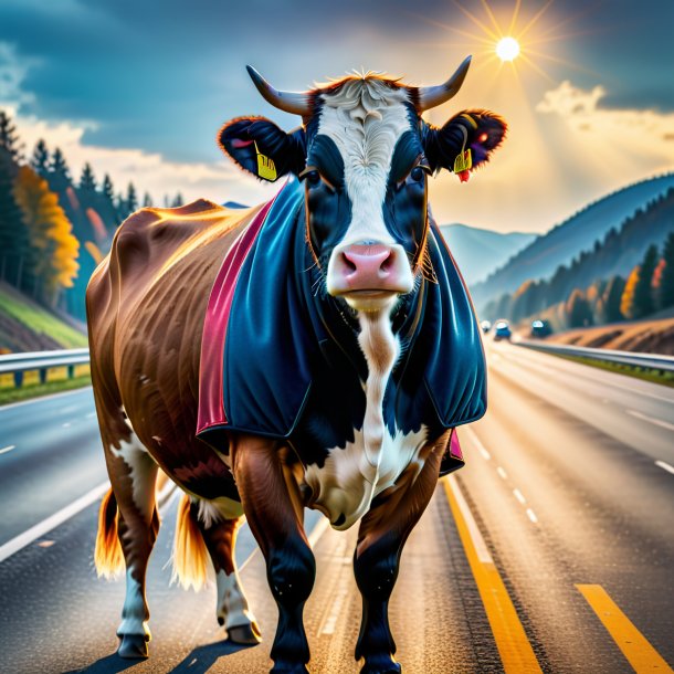 Pic of a cow in a coat on the highway