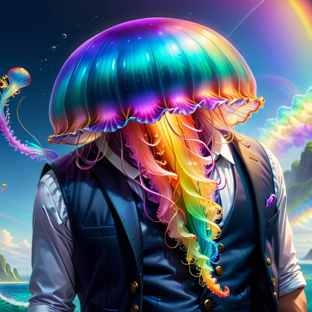 Drawing of a jellyfish in a vest on the rainbow