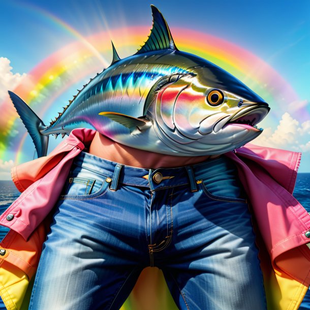 Picture of a tuna in a jeans on the rainbow