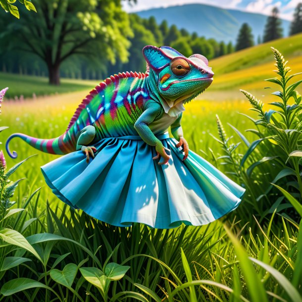 Pic of a chameleon in a skirt in the meadow