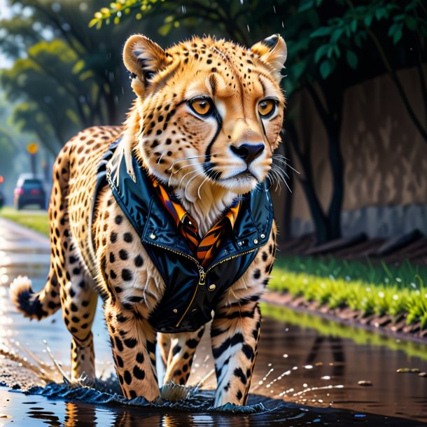 Drawing of a cheetah in a vest in the puddle