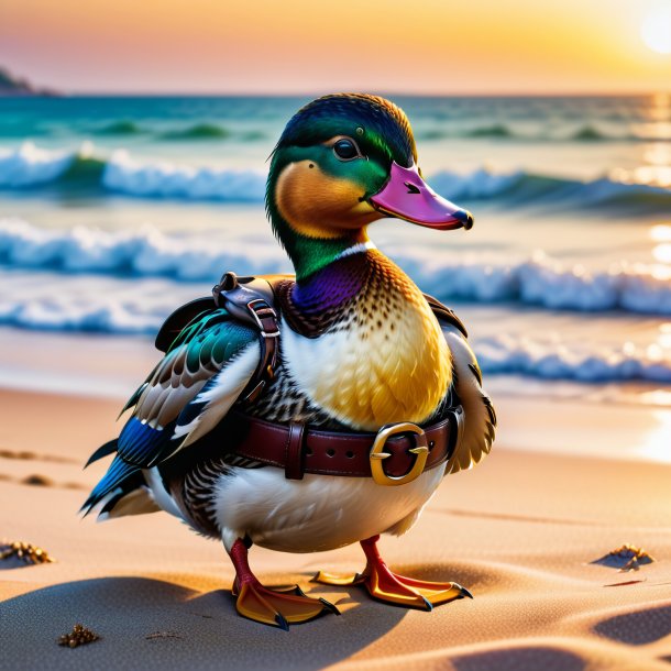 Picture of a duck in a belt on the beach