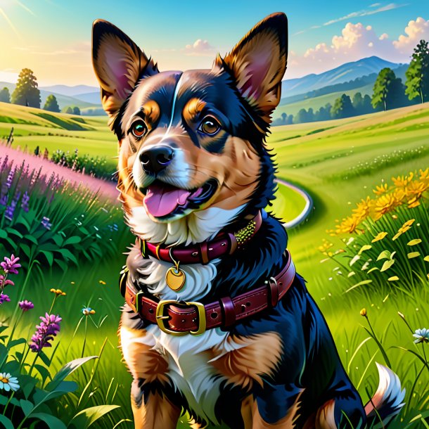 Illustration of a dog in a belt in the meadow