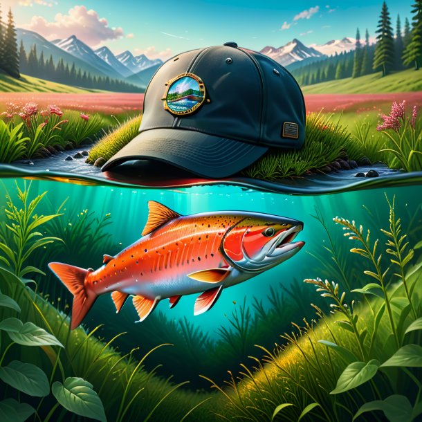 Drawing of a salmon in a cap in the meadow