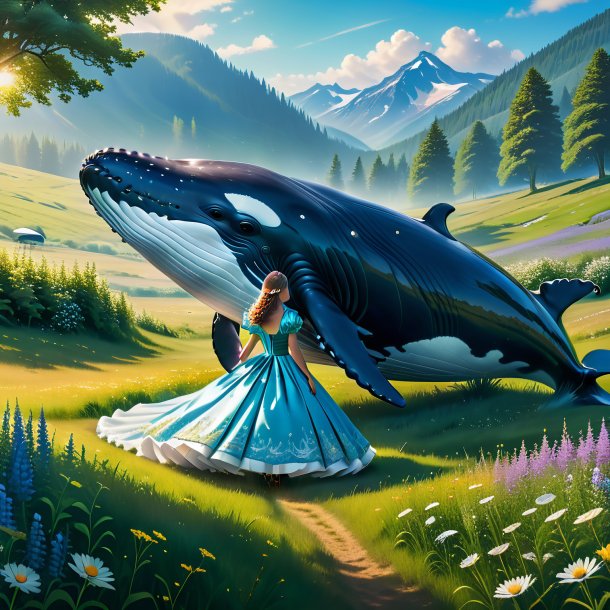 Picture of a whale in a dress in the meadow