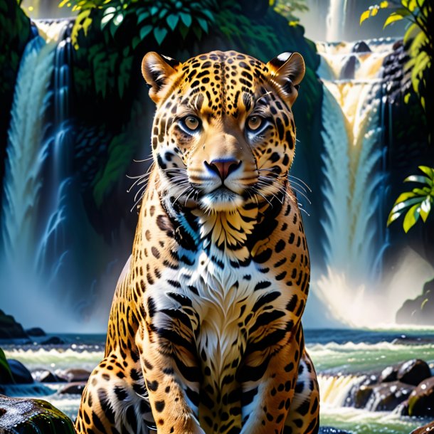 Foto de um jaguar em um casaco na cachoeira