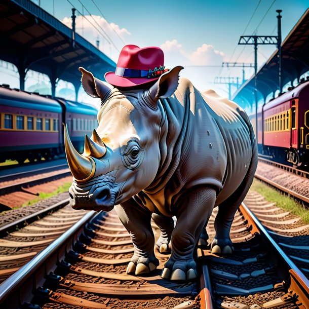 Image of a rhinoceros in a hat on the railway tracks