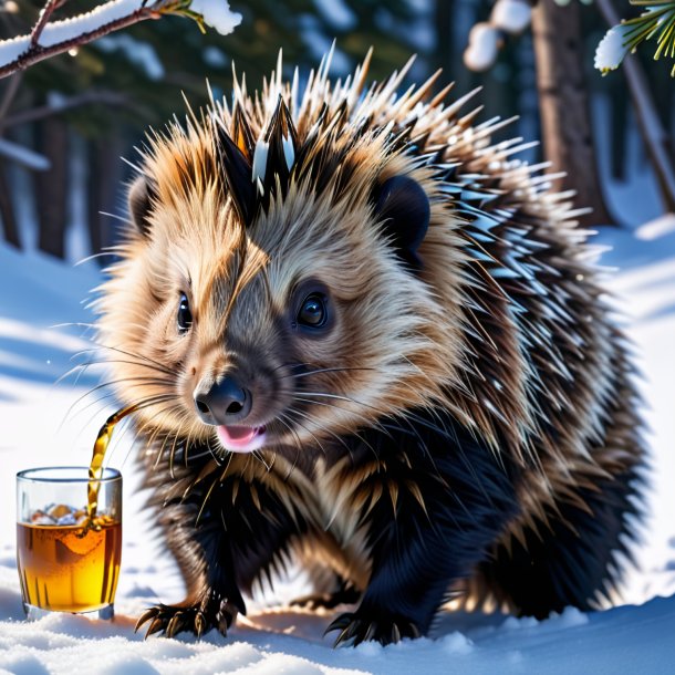 Image of a drinking of a porcupine in the snow