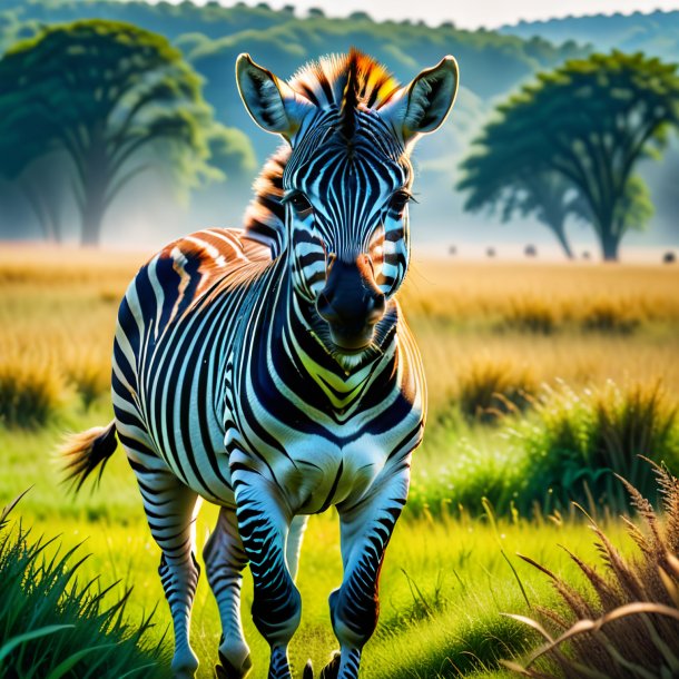 Foto de uma ameaça de uma zebra no prado