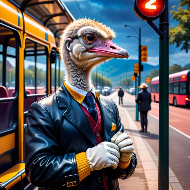 Image of a ostrich in a gloves on the bus stop