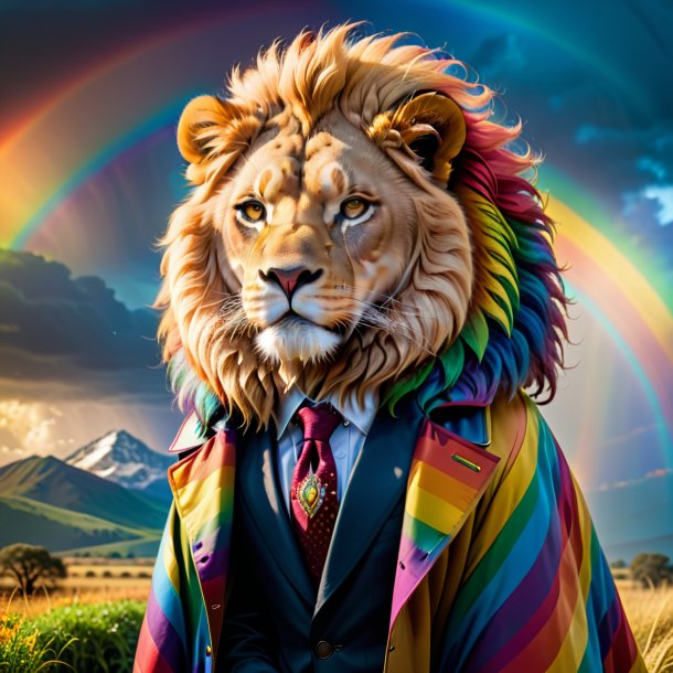 Foto de un león en un abrigo en el arco iris