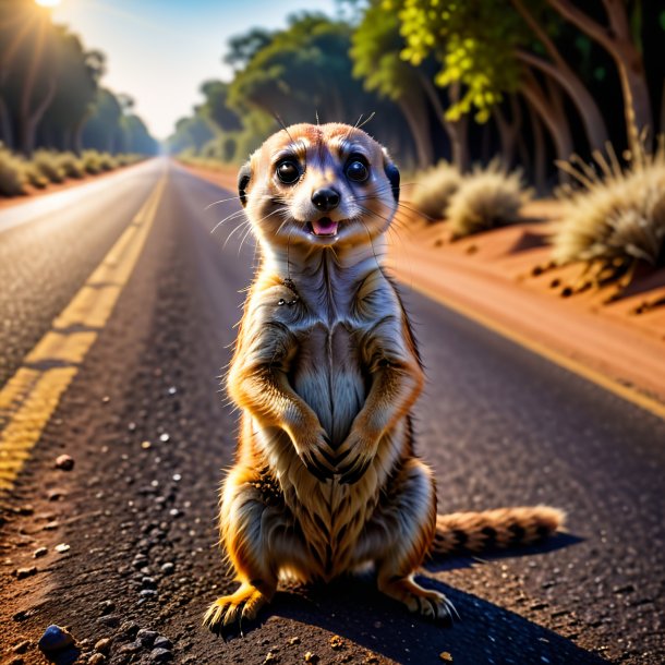 Imagem de um comer de um meerkat na estrada