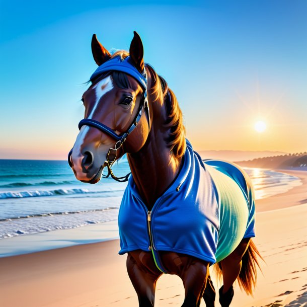 Foto de un caballo en una sudadera con capucha en la playa