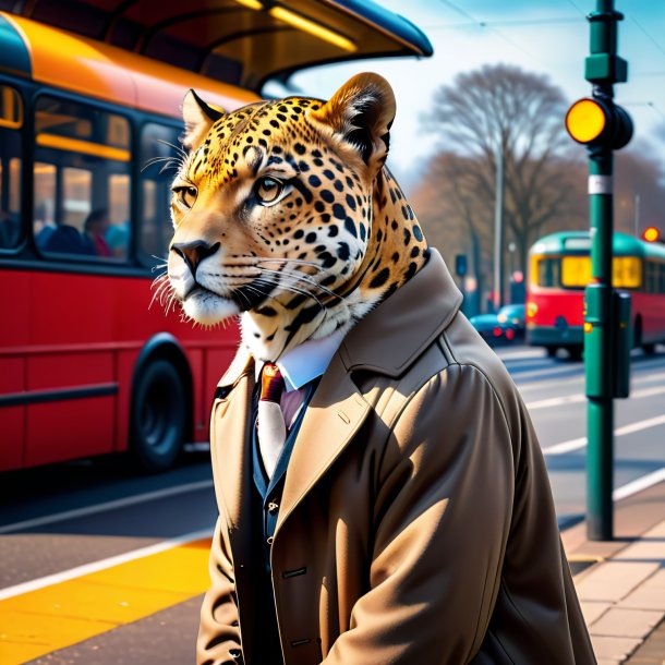 Imagem de um jaguar em um casaco no ponto de ônibus