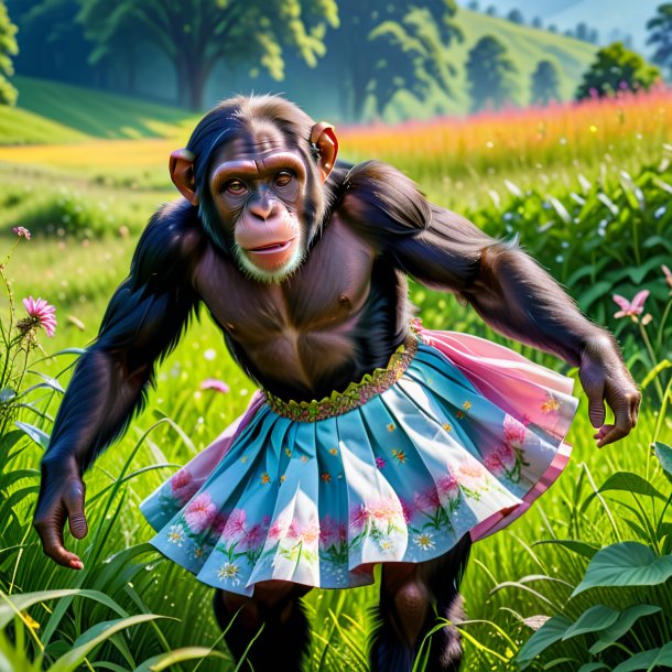 Image of a chimpanzee in a skirt in the meadow