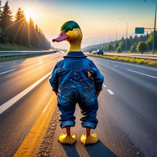 Imagem de um pato em um jeans na estrada