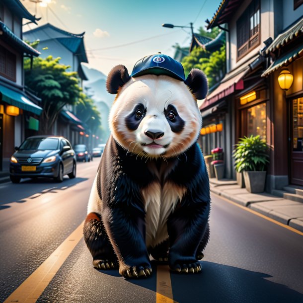 Imagem de um panda gigante em um boné na estrada