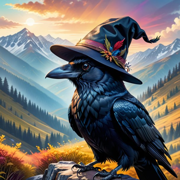 Illustration of a crow in a hat in the mountains