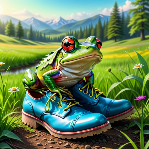 Dessin d'une grenouille dans une chaussure dans la prairie