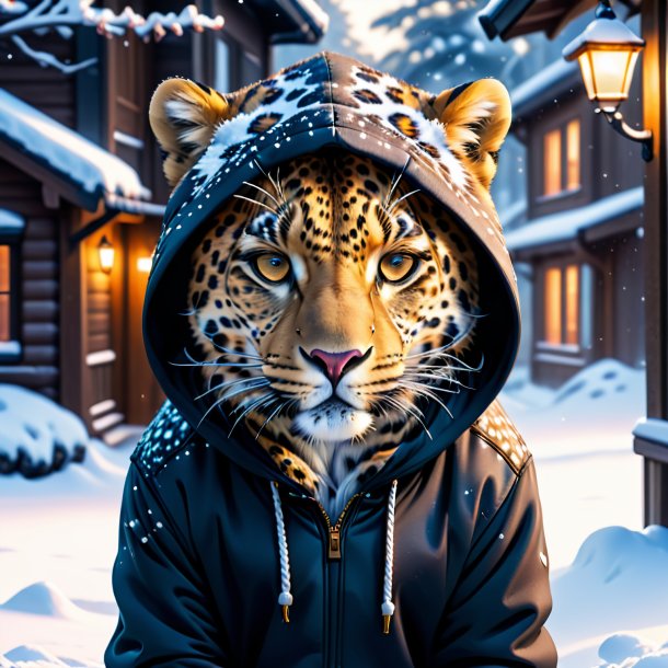 Picture of a leopard in a hoodie in the snow