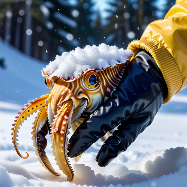 Image of a cuttlefish in a gloves in the snow