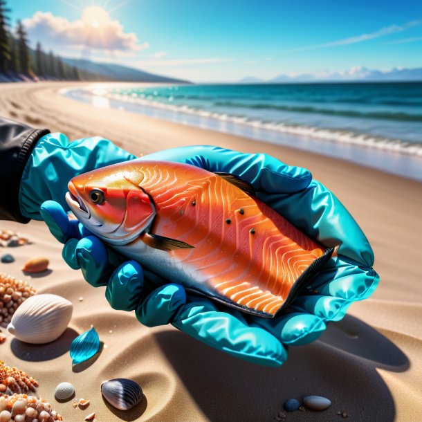 Drawing of a salmon in a gloves on the beach