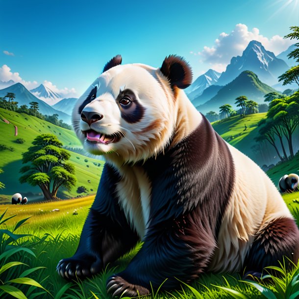 Image of a resting of a giant panda in the meadow