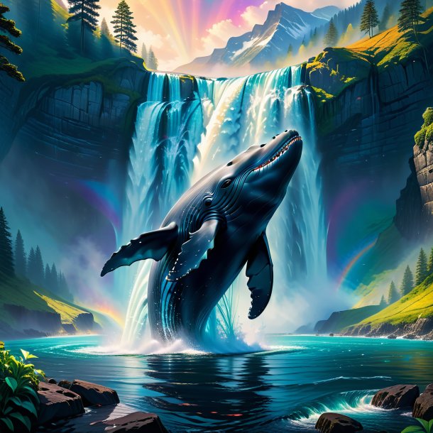 Illustration of a whale in a jacket in the waterfall