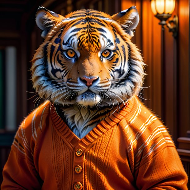 Picture of a tiger in a orange sweater