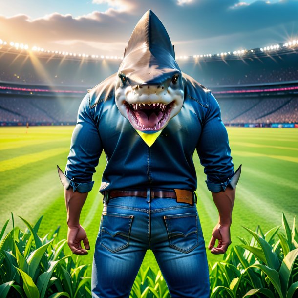 Photo of a shark in a jeans on the field