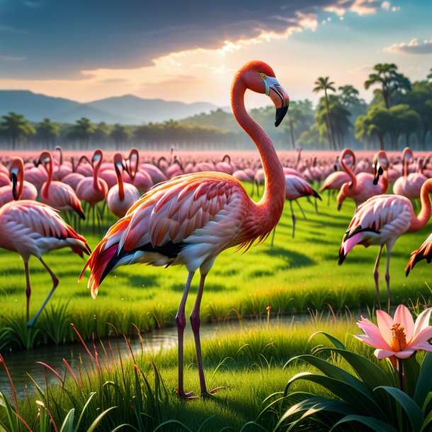 Pic d'une menace de flamingo dans la prairie