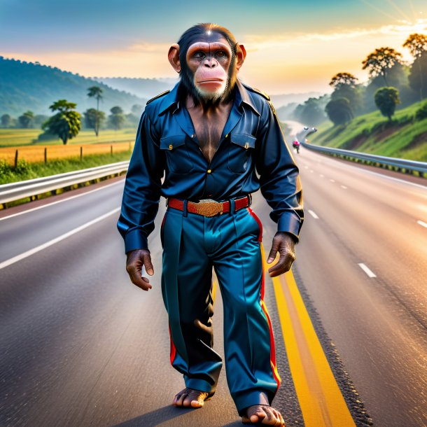 Image of a chimpanzee in a trousers on the highway