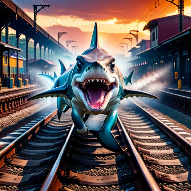 Photo of a angry of a hammerhead shark on the railway tracks