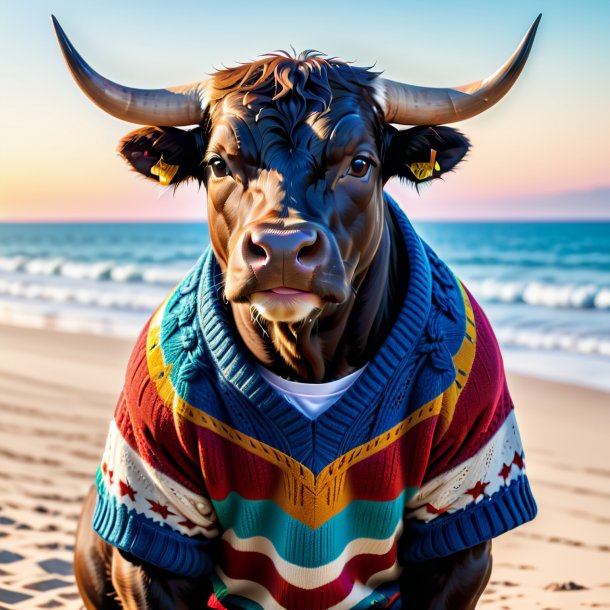 Photo of a bull in a sweater on the beach