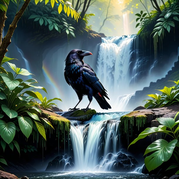 Picture of a drinking of a crow in the waterfall