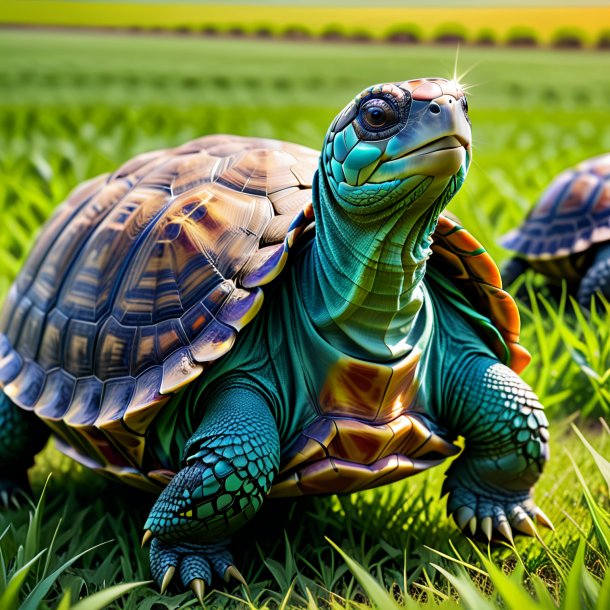 Photo of a tortoise in a dress on the field