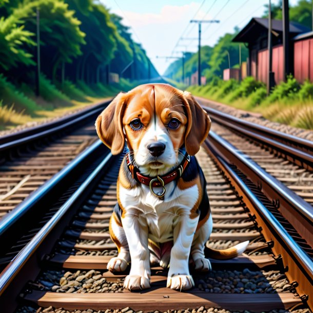 Desenho de um beagle em um cinto nos trilhos ferroviários