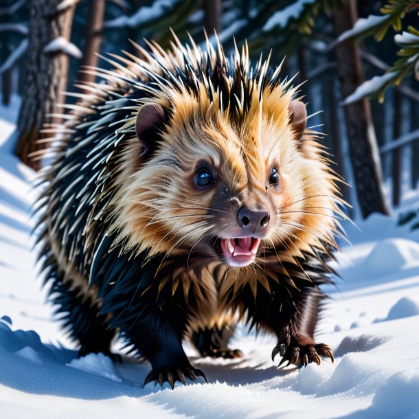 Image of a threatening of a porcupine in the snow