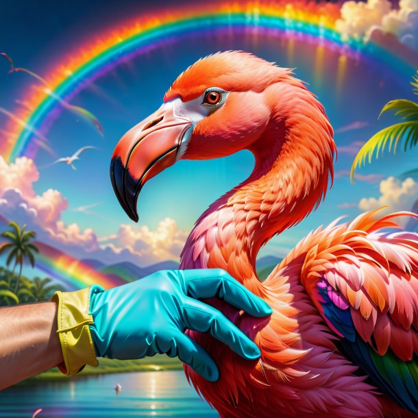 Drawing of a flamingo in a gloves on the rainbow