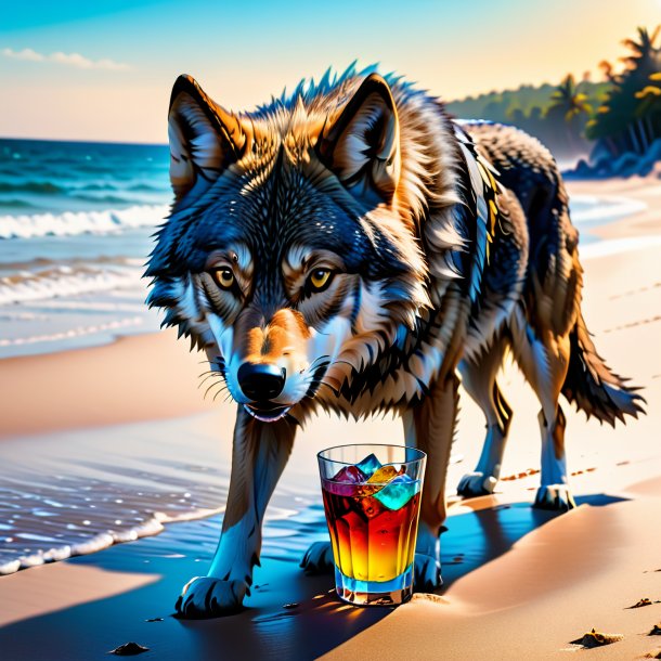 Foto de um beber de um lobo na praia