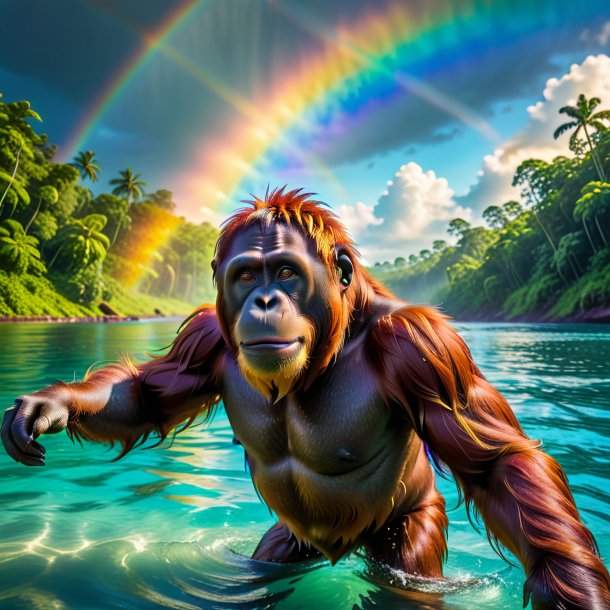 Foto de un baño de un orangután en el arco iris