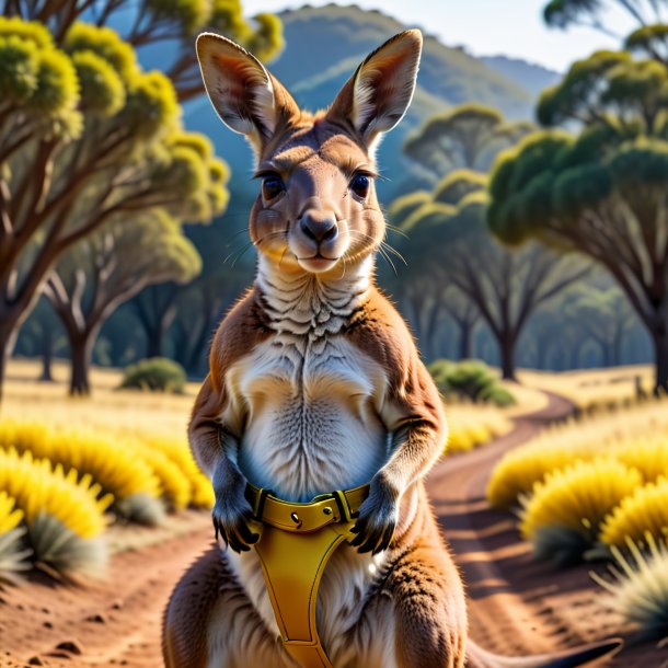 Photo of a kangaroo in a yellow belt