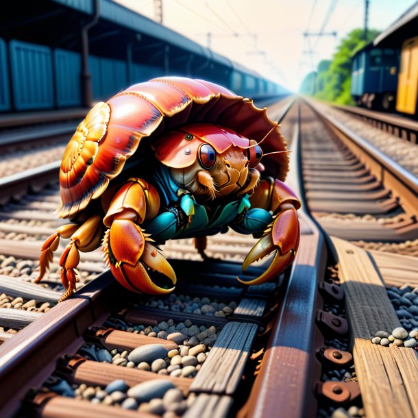 Drawing of a hermit crab in a shoes on the railway tracks