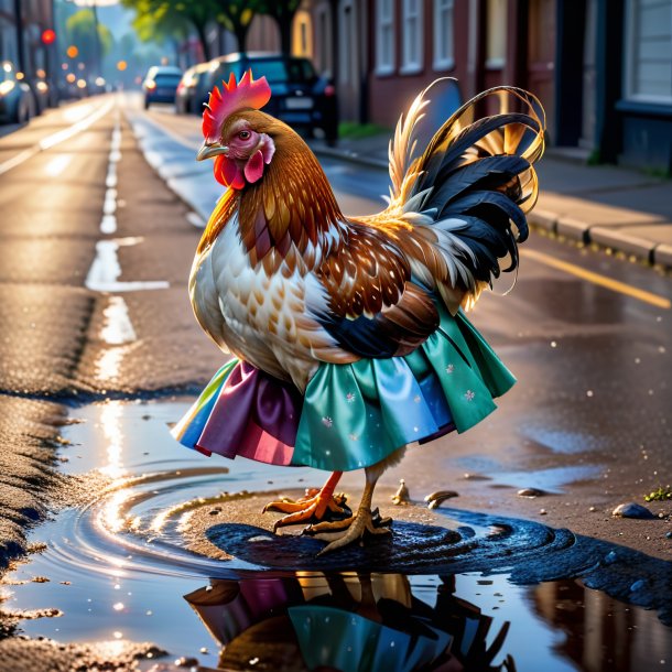 Photo of a hen in a skirt in the puddle