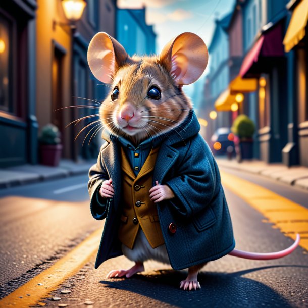 Photo of a mouse in a coat on the road